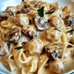 Cremige Pasta in Pilz-Sahne-Sauce mit Hackfleischbällchen