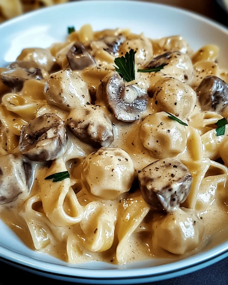 Cremige Pasta in Pilz-Sahne-Sauce mit Hackfleischbällchen