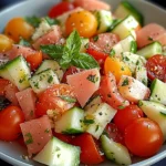 Melonensalat mit PutenHähnchenHähnchenschinken und Tomaten