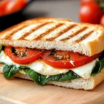 Panini-Sandwich mit Tomaten, Mozzarella und Spinat