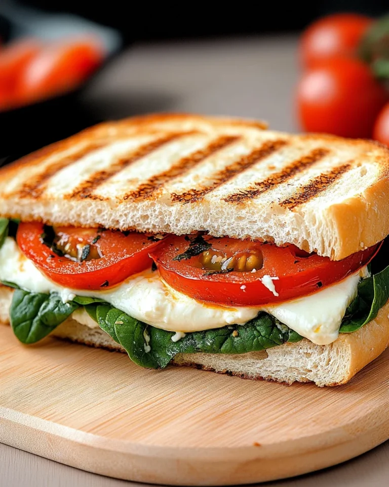 Panini-Sandwich mit Tomaten, Mozzarella und Spinat