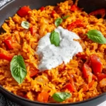 Paprika-Reis-Pfanne mit Joghurtsoße - schnell & vegetarisch