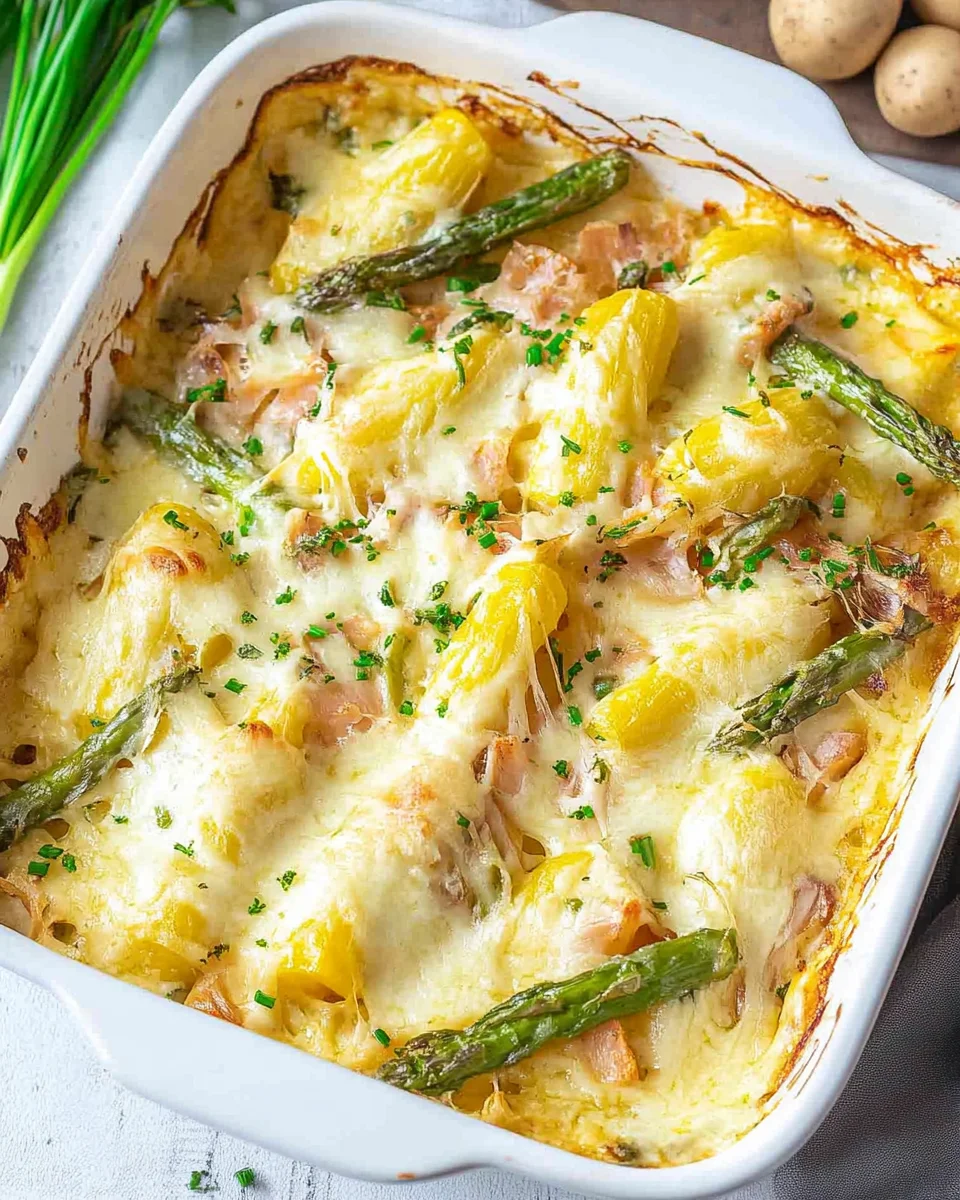 Spargelauflauf mit HähnchenHähnchenHähnchenHähnchenschinken und Kartoffeln